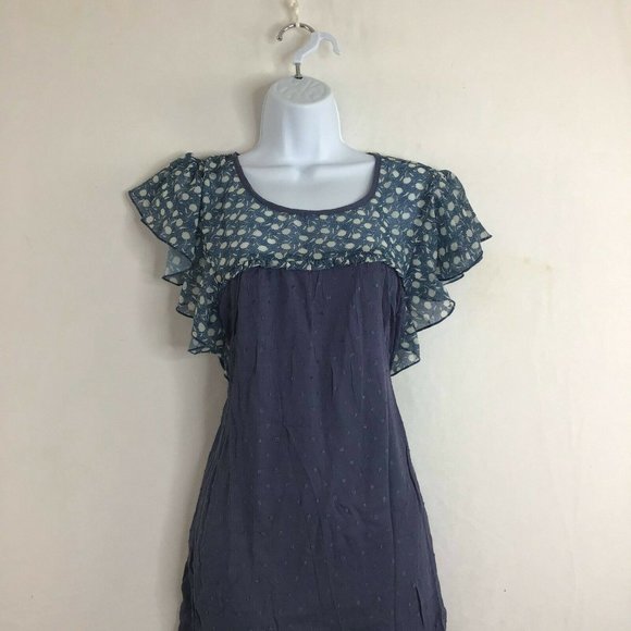 Suzanne Betro Weekend Womens Navy Floral Ruffle Sleeve Round Neck Blouse Size XL - Picture 5 of 11